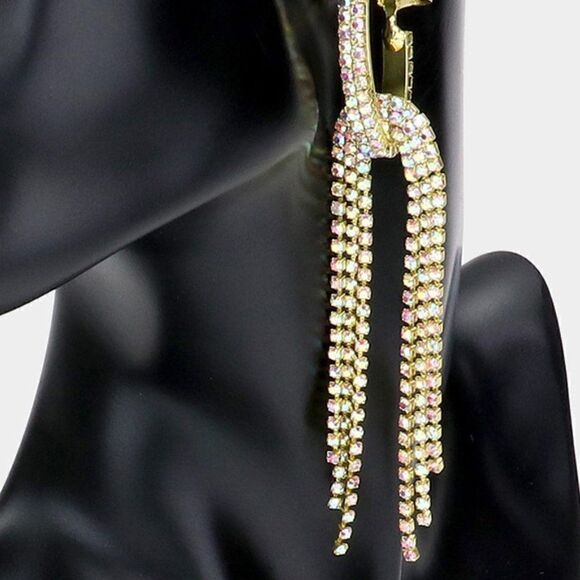 Oval Hoop Abalone Rhinestone Long Gold Earrings - Picture 3 of 6